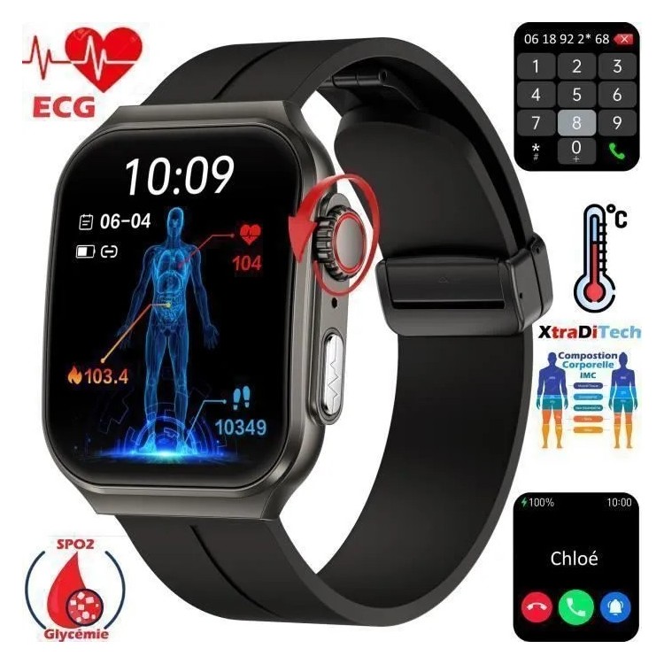 Montre Connectée XtraDiTech ECG PPG Cardiofréquencemètre Glycomètre Thermomètre Boîtier Alliage Écran AMOLED 2,04 Fermoir