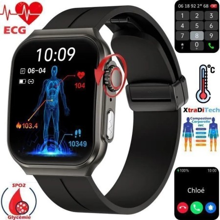 Montre Connectée XtraDiTech ECG PPG Cardiofréquencemètre Glycomètre Thermomètre Boîtier Alliage Écran AMOLED 2,04 Fermoir