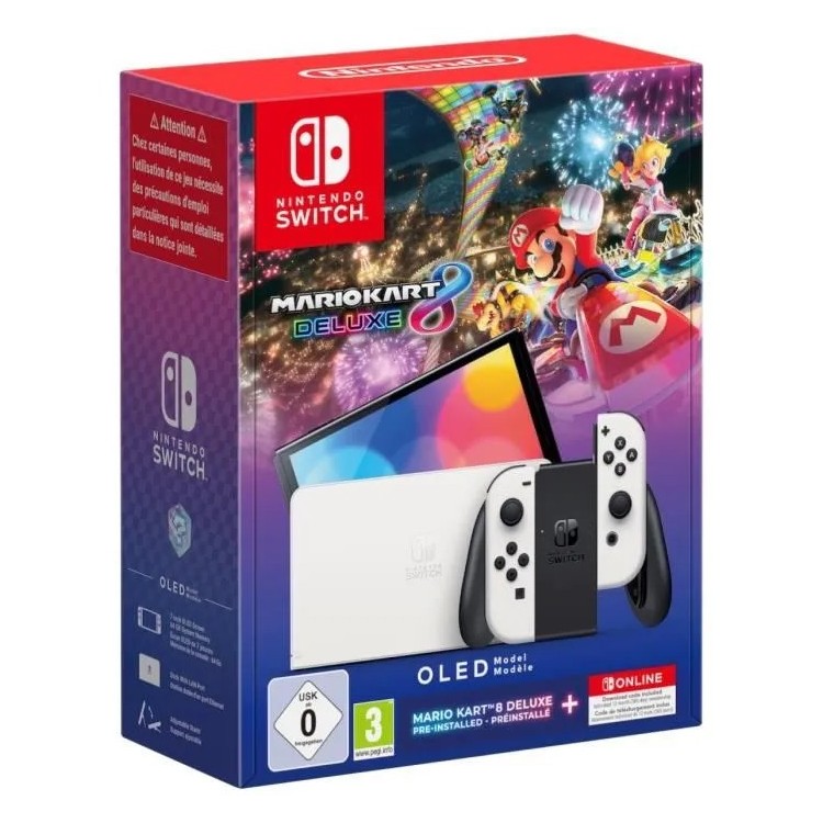 Console Nintendo Switch - Modèle OLED • Blanc + Mario Kart 8 Deluxe (Pré-installé) + 12 mois d'abonnement NSO (Code)