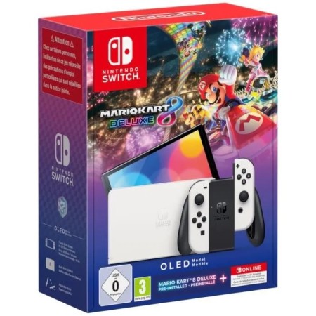 Console Nintendo Switch - Modèle OLED • Blanc + Mario Kart 8 Deluxe (Pré-installé) + 12 mois d'abonnement NSO (Code)